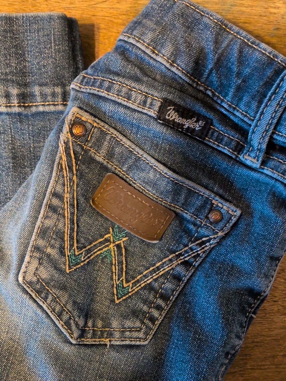 Wrangler Girls Blue Denim Jeans with Tan Leather Patch